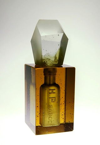 Cast glass vessel with encased HP Sauce bottle, from the Family Values collection