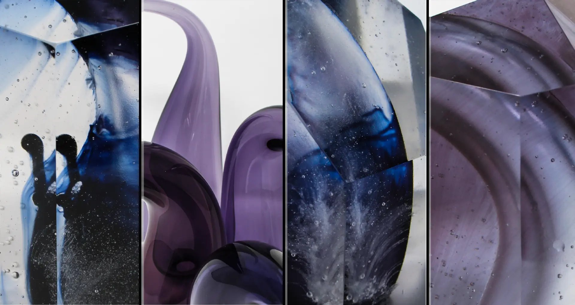 Four close-up details of Cara Louise Walker's glass work, in blue, violet and smoke tones