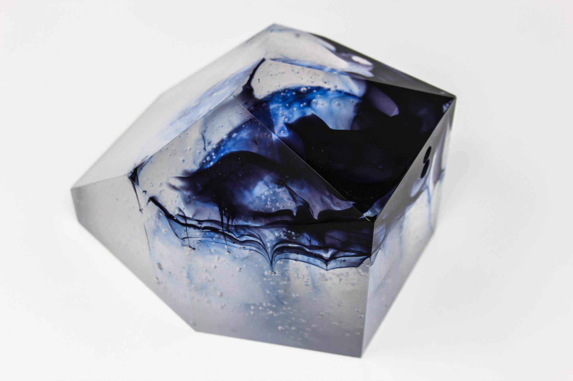 Breathe — core cast glass block with blue and violet interior