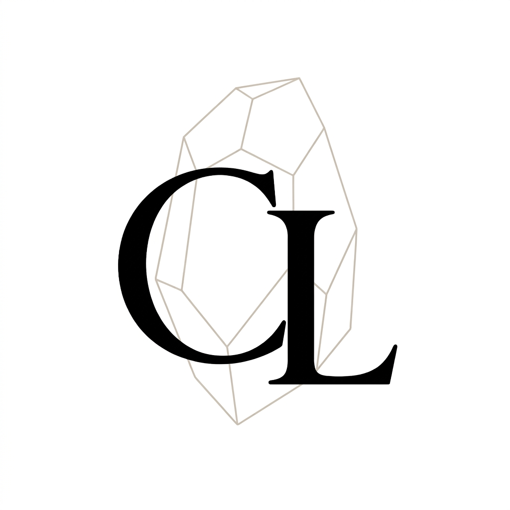 Cara Louise monogram: black serif C and L in front of a pale grey line-drawn solid faceted crystal